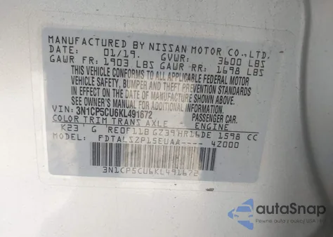 2019 Nissan Kicks Sv z USA, uszkodzony, nr VIN 3N1CP5CU6KL491672